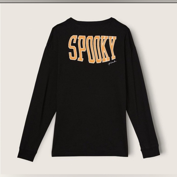 VS PINK LONG SLEEVE CAMPUS TEE SHIRT BLACK SPOOKY HALLOWEEN HTF RARE NWOT XL - Picture 1 of 4